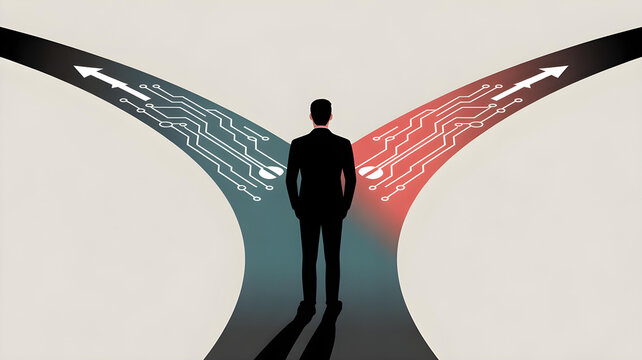 Businessman facing a critical decision point standing between two diverging technological paths representing future choices and opportunity