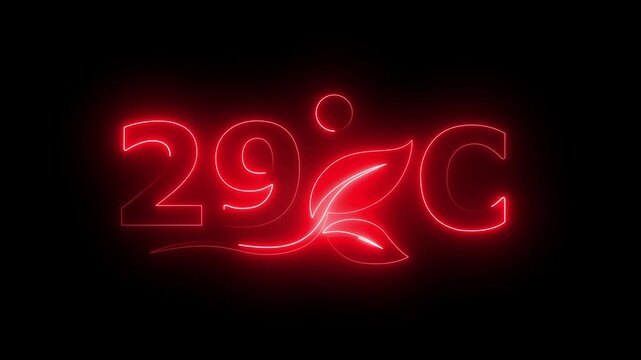 Glowing neon 29 Degree Celsius Energy Concept Animation with Growing Leaves, Ecology and Temperature Measurement Icon on Dark Background.