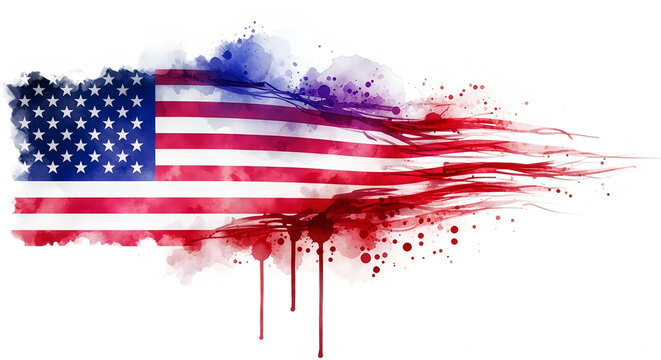 American flag with red paint splatter and blood effect isolated on transparent background