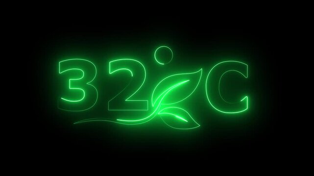Glowing neon 32 Degree Celsius Energy Concept Animation with Growing Leaves, Ecology and Temperature Measurement Icon on Dark Background.