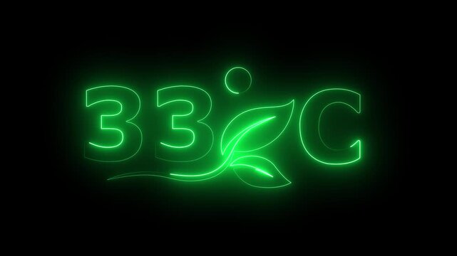 Glowing neon 33 Degree Celsius Energy Concept Animation with Growing Leaves, Ecology and Temperature Measurement Icon on Dark Background.