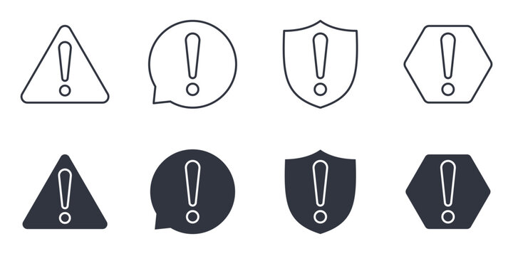 Vector warning icons with exclamation marks in outline and solid styles. Editable stroke set. Alert, danger, notification, error, and security symbols for apps, traffic, medical, communication design