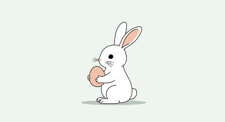 Obraz premium Simple illustration of a white rabbit seen from the side holding a large plain pink egg against a clean light green background for Easter.