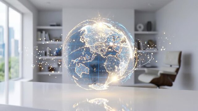A luminous globe floats in a modern interior, symbolizing global interconnectedness and technological advancement, in a sleek, bright setting. 