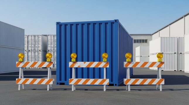 Shipping container in a fenced freight yard during daylight hours with bright blue metal texture for logistics planning purposes showing industrial cargo handling storage safety barriers area scene.