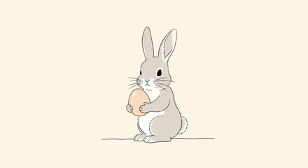 Obraz premium Grey rabbit character depicted in a side view holding a simple tan egg against a solid cream background for a minimalist Easter card design.