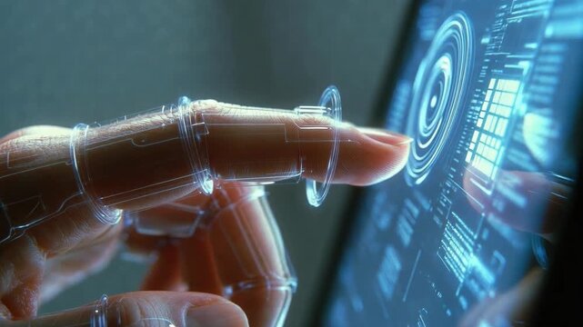 A human finger touching a futuristic interface in realistic style on a dark background, concept of advanced technology