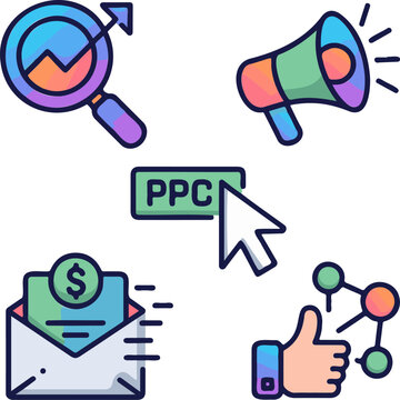 Colorful digital marketing icons representing search engine optimization ppc advertising and social media engagement for modern business strategy growth campaigns