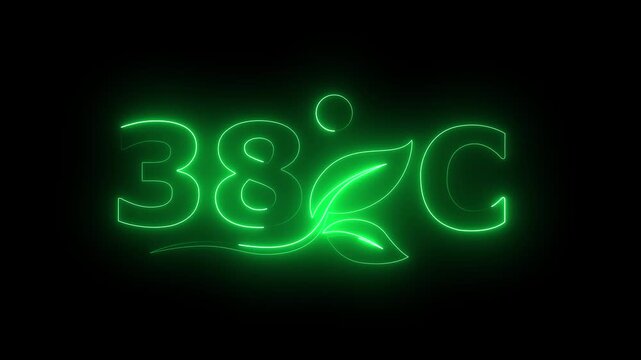 Glowing neon 38 Degree Celsius Energy Concept Animation with Growing Leaves, Ecology and Temperature Measurement Icon on Dark Background.