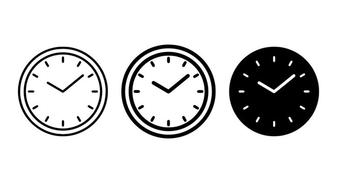 Clock Icons Set: Timekeeping Symbols, Analog Watch Faces, Minimalist Time Graphics