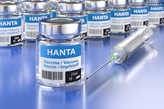 Vials of a fictitious Hanta virus vaccine. Large group of vials with one standing in front and a syringe besides, selective focus on foreground. Multi language label.