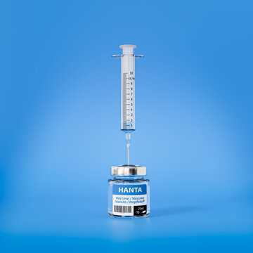 A vial of a fictitious Hanta virus vaccine with a syringe stuck into it. Multi language label.