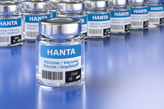 Vials of a fictitious Hanta virus vaccine. Large group of vials with one standing in front, selective focus on foreground. Multi language label.