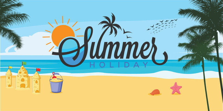 A vector banner depicting a serene summer holiday scene with a sandy beach, palm trees, sandcastles, a sun in a clear sky, and the words summer holiday in elegant script.