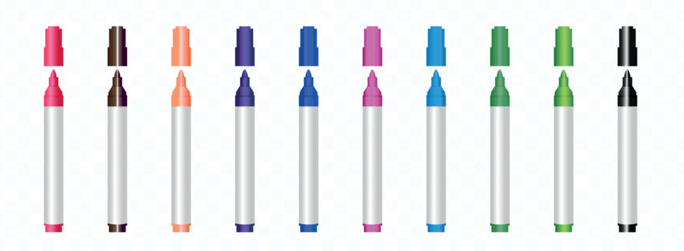 Collection of colorful felt tip pens and markers realistic vector illustration with a white background high quality professional detailed modern elegant stylish clean