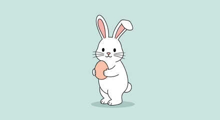 Obraz premium White bunny standing upright holding a large peach colored egg against a simple blue green background for a cheerful spring greeting card.