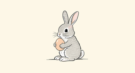 Obraz premium Charming grey rabbit with textured fur sitting in profile while holding a simple tan egg against a clean off white background for holiday.