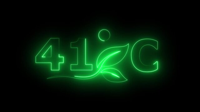 Glowing neon 41 Degree Celsius Energy Concept Animation with Growing Leaves, Ecology and Temperature Measurement Icon on Dark Background.