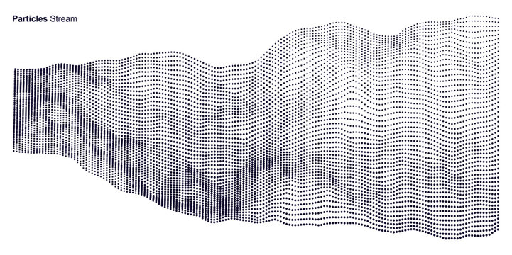 Wave background. Grid. An array with dynamic particles. Texture. Scientific illustration. Black and white. 3D vector for brochure, poster, cover, card, presentation, flyer or banner.