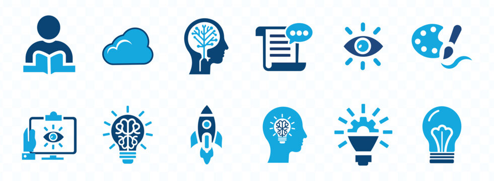 Creativity concept icons set including inspiration imagination and idea generation in a solid blue style high quality professional detailed modern elegant stylish clean