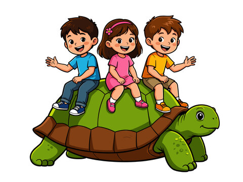 Three Smiling Children Riding a Cartoon Turtle