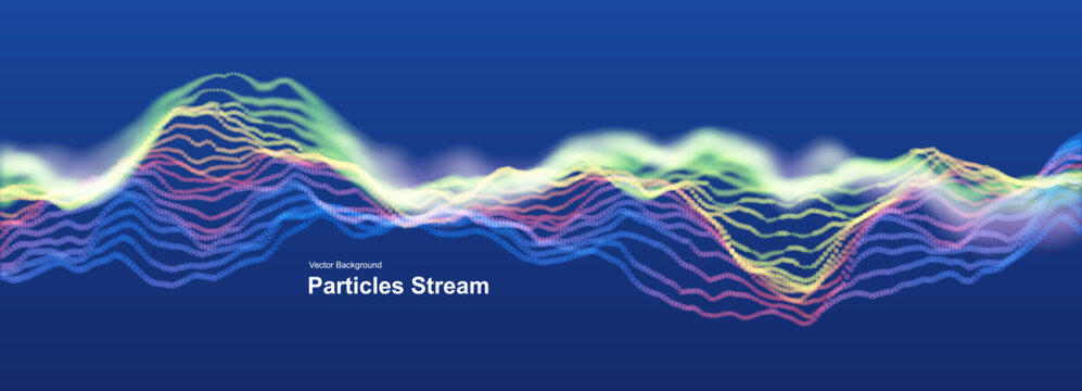 A stream of particles emitting a rainbow neon glow. Wave signal modeling. Energy transfer dynamics. Scientific illustration. Vector for brochure, poster, cover, card, presentation, flyer or banner.
