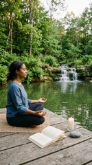 Fototapeta premium Woman meditating on wooden dock, waterfall background.