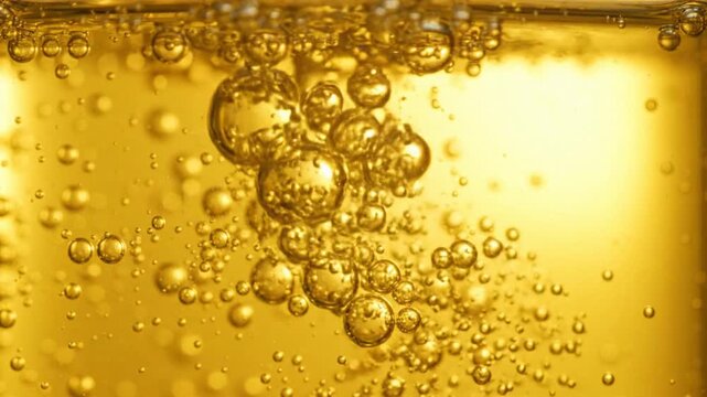 Close-up of golden skin care liquid with rising bubbles in a luxurious glass bottle.