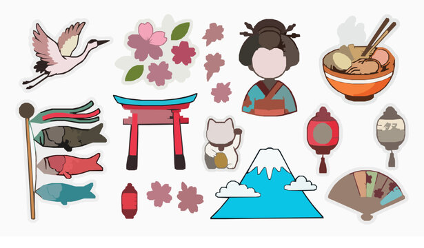 Japan symbols doodle vector set crane sakura geisha ramen