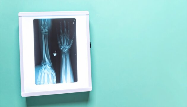 Clear medical xray image showing the bones of the human forearm, wrist, and hand on a backlit diagnostic light box panel, captured in a widescreen clinical setting for orthopedic study analysis.