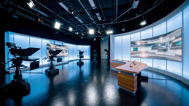 Modern Television Broadcast News Studio Set with Cameras Monitors and Curved LED Screens Toward Innovation Perfect for Corporate Strategy Branding and Advertising