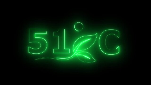 Glowing neon 51 Degree Celsius Energy Concept Animation with Growing Leaves, Ecology and Temperature Measurement Icon on Dark Background.