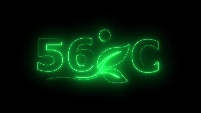 Glowing neon 56 Degree Celsius Energy Concept Animation with Growing Leaves, Ecology and Temperature Measurement Icon on Dark Background.