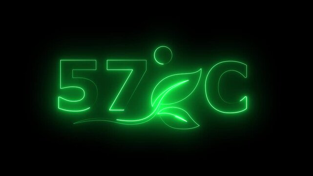 Glowing neon 57 Degree Celsius Energy Concept Animation with Growing Leaves, Ecology and Temperature Measurement Icon on Dark Background.