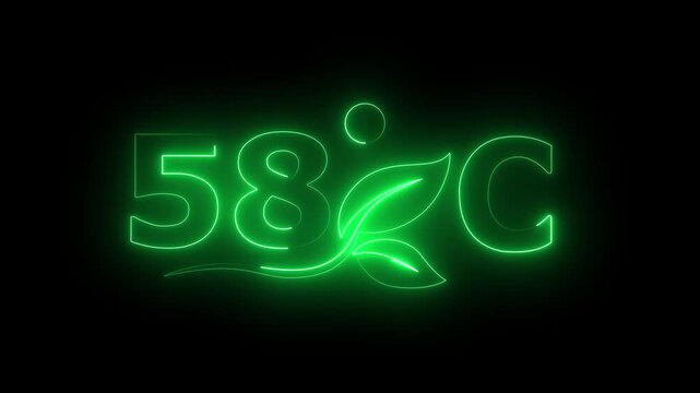 Glowing neon 58 Degree Celsius Energy Concept Animation with Growing Leaves, Ecology and Temperature Measurement Icon on Dark Background.