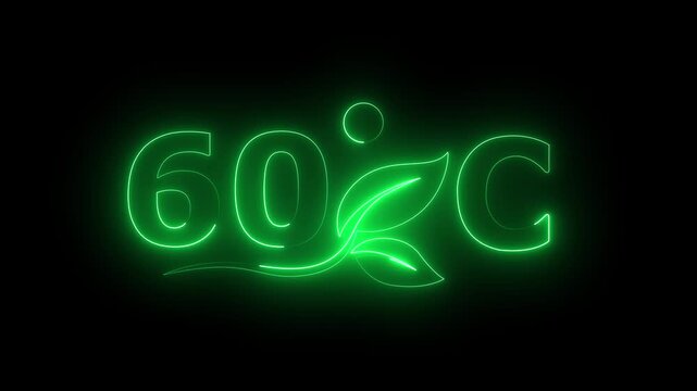 Glowing neon 60 Degree Celsius Energy Concept Animation with Growing Leaves, Ecology and Temperature Measurement Icon on Dark Background.
