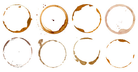 Obraz premium Coffee stains set collection on white. Coffee cup stain isolated Png, coffee stains in multiple shapes on transparent background
