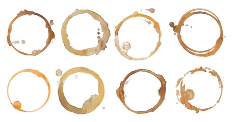 Fototapeta premium Coffee stains set collection on white. Coffee cup stain isolated Png, coffee stains in multiple shapes on transparent background