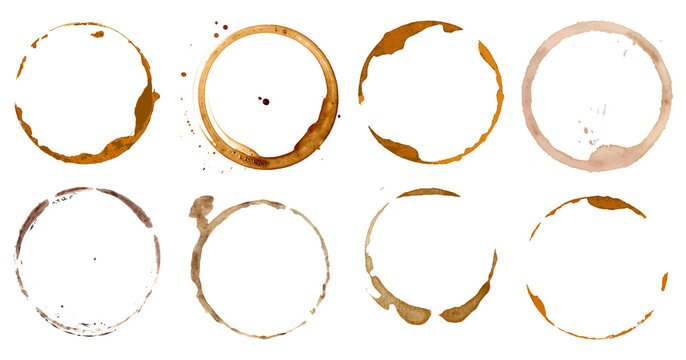 Coffee stains set collection on white. Coffee cup stain isolated Png, coffee stains in multiple shapes on transparent background