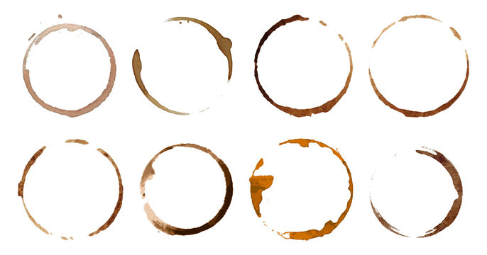 Coffee stains set collection on white. Coffee cup stain isolated Png, coffee stains in multiple shapes on transparent background