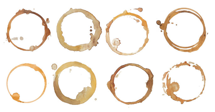 Coffee stains set collection on white. Coffee cup stain isolated Png, coffee stains in multiple shapes on transparent background