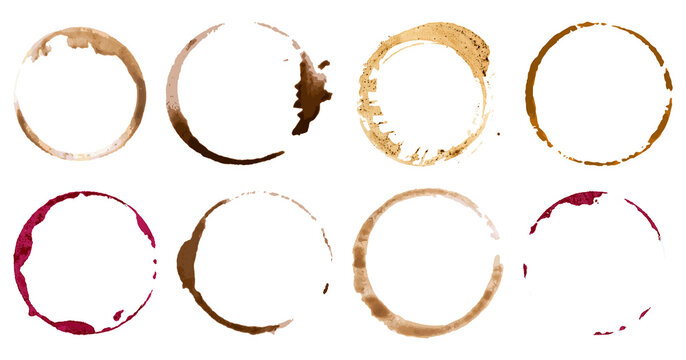 Coffee stains set collection on white. Coffee cup stain isolated Png, coffee stains in multiple shapes on transparent background