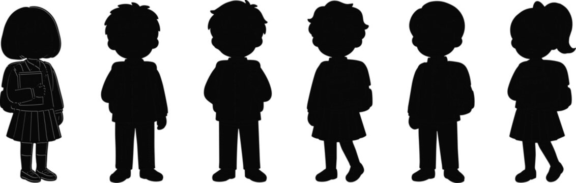 Set of school children silhouettes featuring boys and girls with backpacks and uniforms for educational and back to school designs