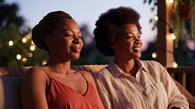 Two African American women sit together on a wicker sofa. They enjoy a peaceful evening outdoors under warm string lights, smiling and feeling relaxed. Ideal for lifestyle and friendship themes.