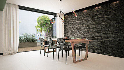 Obraz premium 3D render of a modern dining room with a stone wall. Contemporary interior opening to a balcony