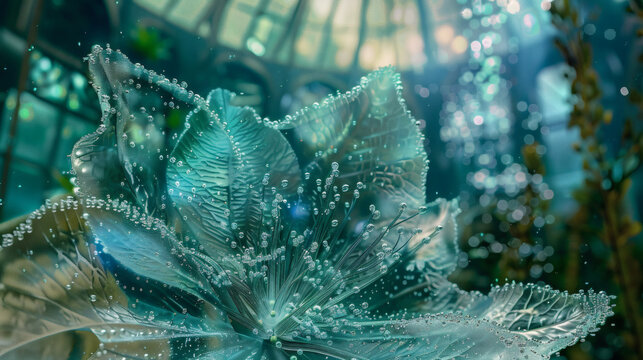 Split-level macro view of a glass leaf submerged in clear water with rising bubbles