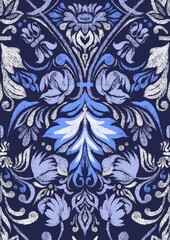 Fototapeta premium Blue Damask Seamless Pattern with Floral and Acanthus Motifs on Navy Background