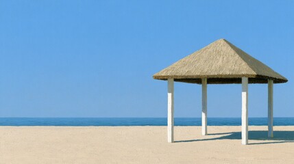 Fototapeta premium Solitary thatched shelter on sandy beach under clear blue sky