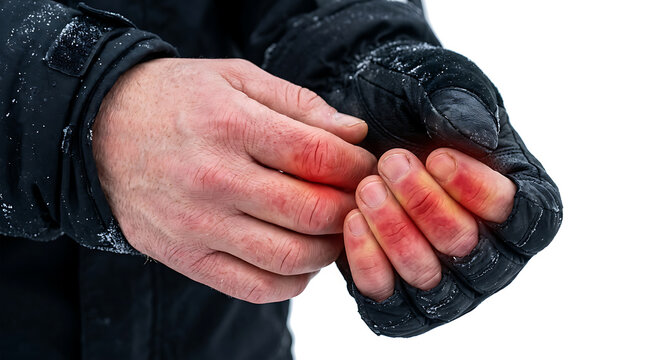 Frostbite Hands: Red, Painful Fingers from Extreme Cold. Winter Injury, Chilblains, Cold Weather Health Risk