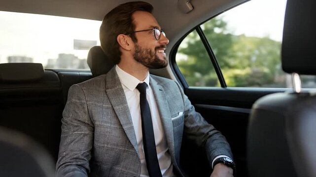 Smiling businessman using smartphone in car backseat at sunset